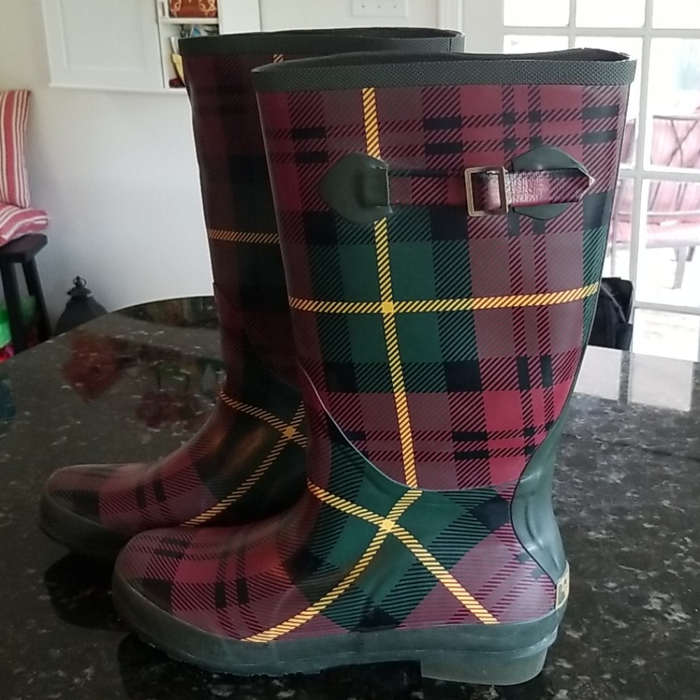 L.L.Bean Wellies Tartan Plaid Tall Rain Boots 11